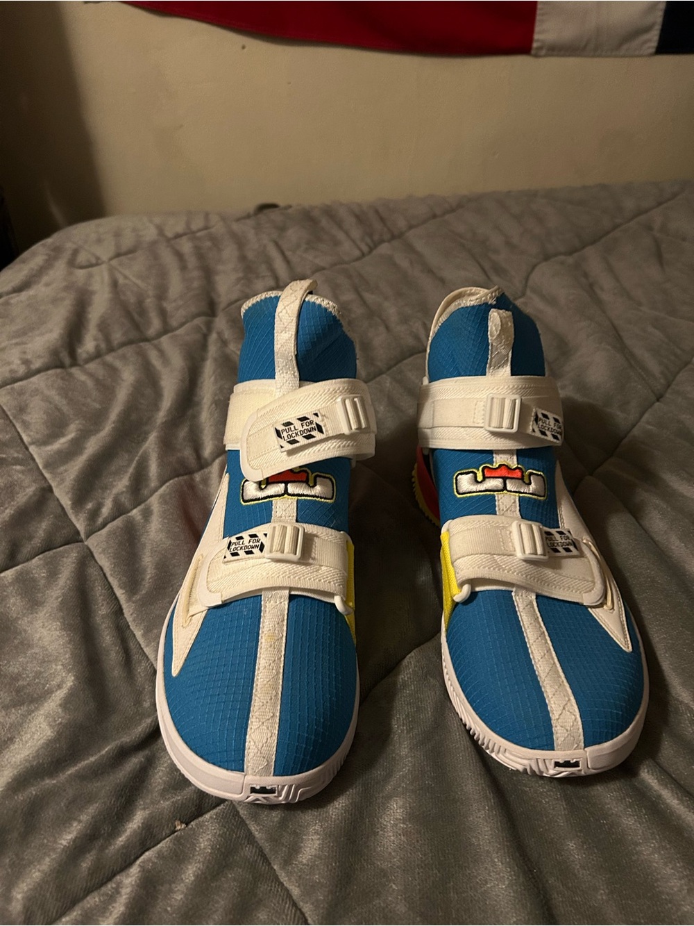 Men's Blue Strap Sneakers with White and Yellow Accents